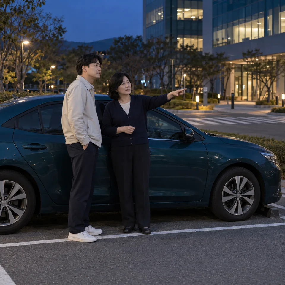 저녁 오피스 주차 공간에서 보행 동선과 출입구를 살펴보는 남성과 여성 코치 · 출퇴근운전연수 안내용 AI 예시