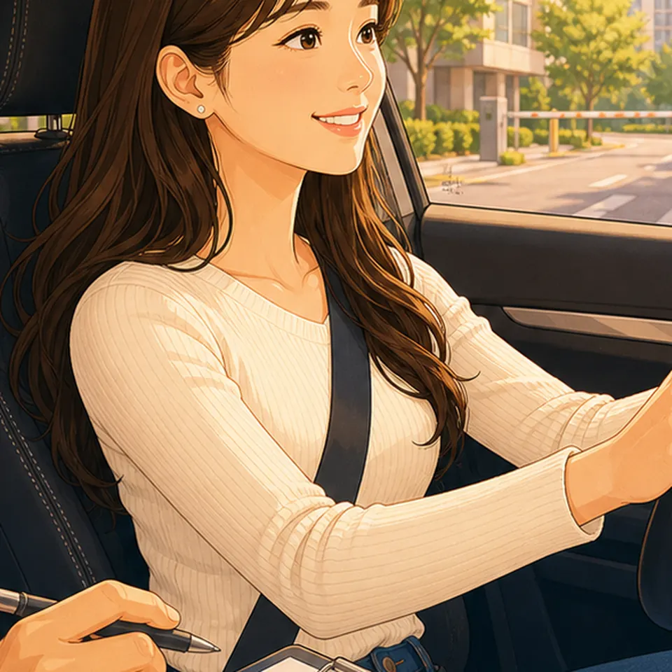 주거지 도로에서 조작 감각을 확인하는 일러스트 · 장롱면허운전연수 학습 안내용 AI 예시